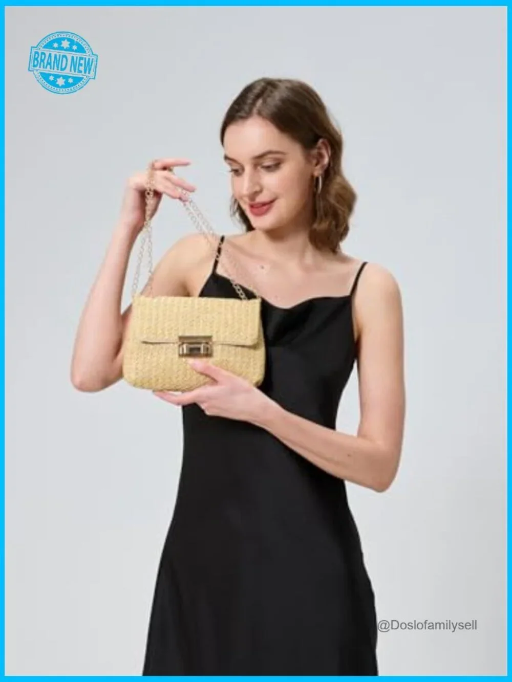 Woven Straw Summer Clutch Purse with Gold Chain and Turn-Lock Flap